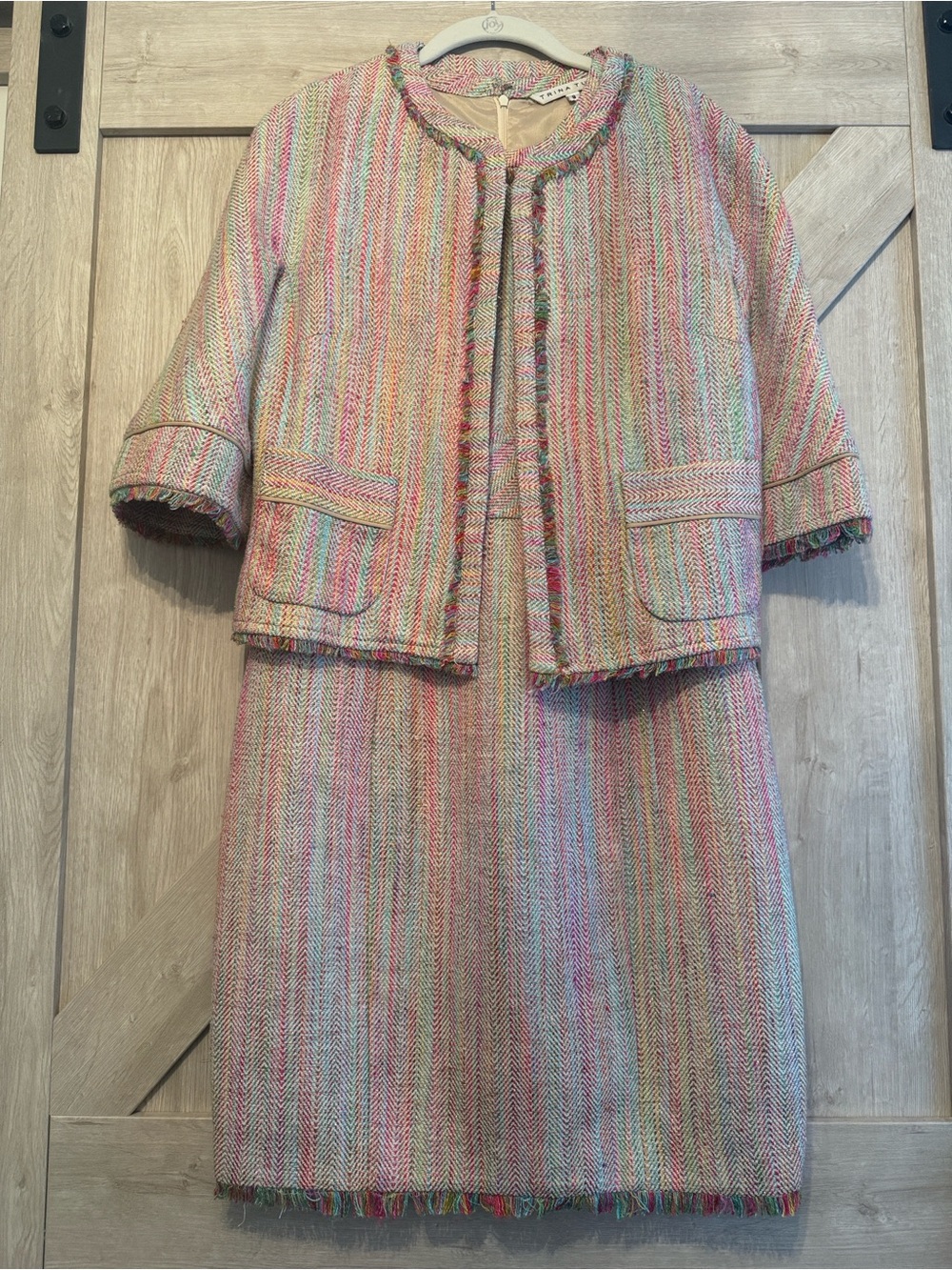 Trina Turk Pastel Multi-Color Tweed Fringe Dress and Jacket Set